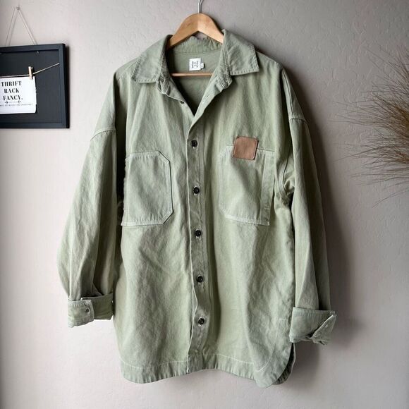 Helsa Utility Denim Oversized Button Up Shacket Overshirt Sage Green Size M/L - Picture 3 of 9
